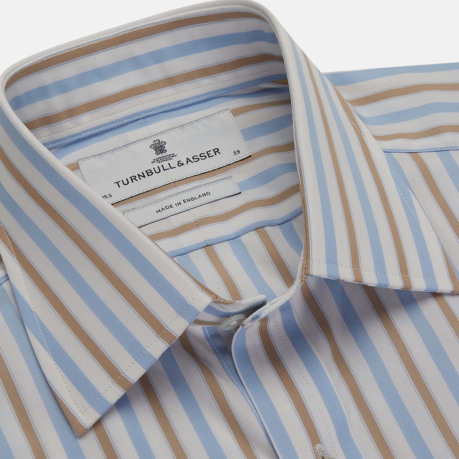 Blue and Brown Stripe Poplin dress shirt with T&A Collar and Three-Button  Cuffs
