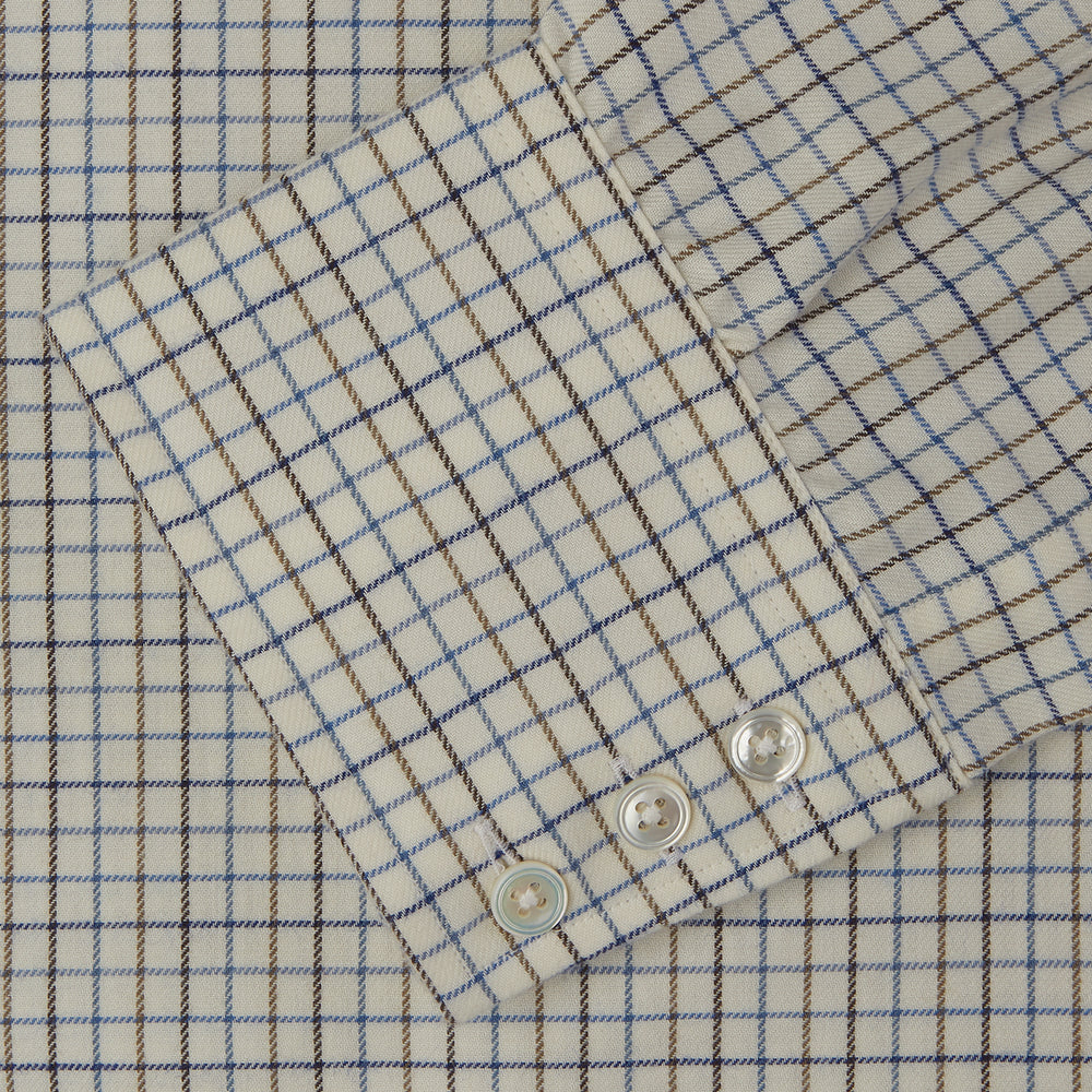 Blue Multi Check Cotton-Cashmere Shirt with T&A Collar and 3-Button Cuffs