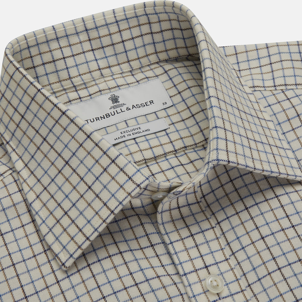 Blue Multi Check Cotton-Cashmere Shirt with T&A Collar and 3-Button Cuffs