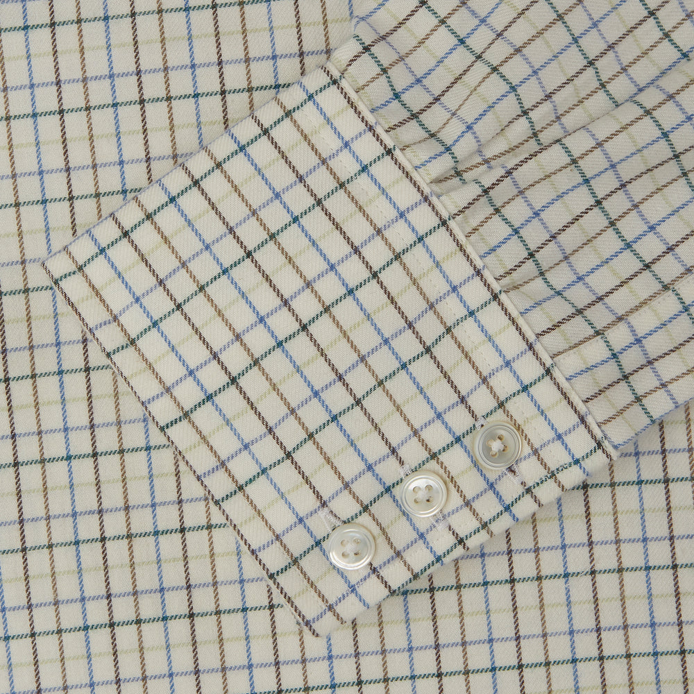 Green Multi Check Cotton-Cashmere Shirt with T&A Collar and 3-Button Cuffs