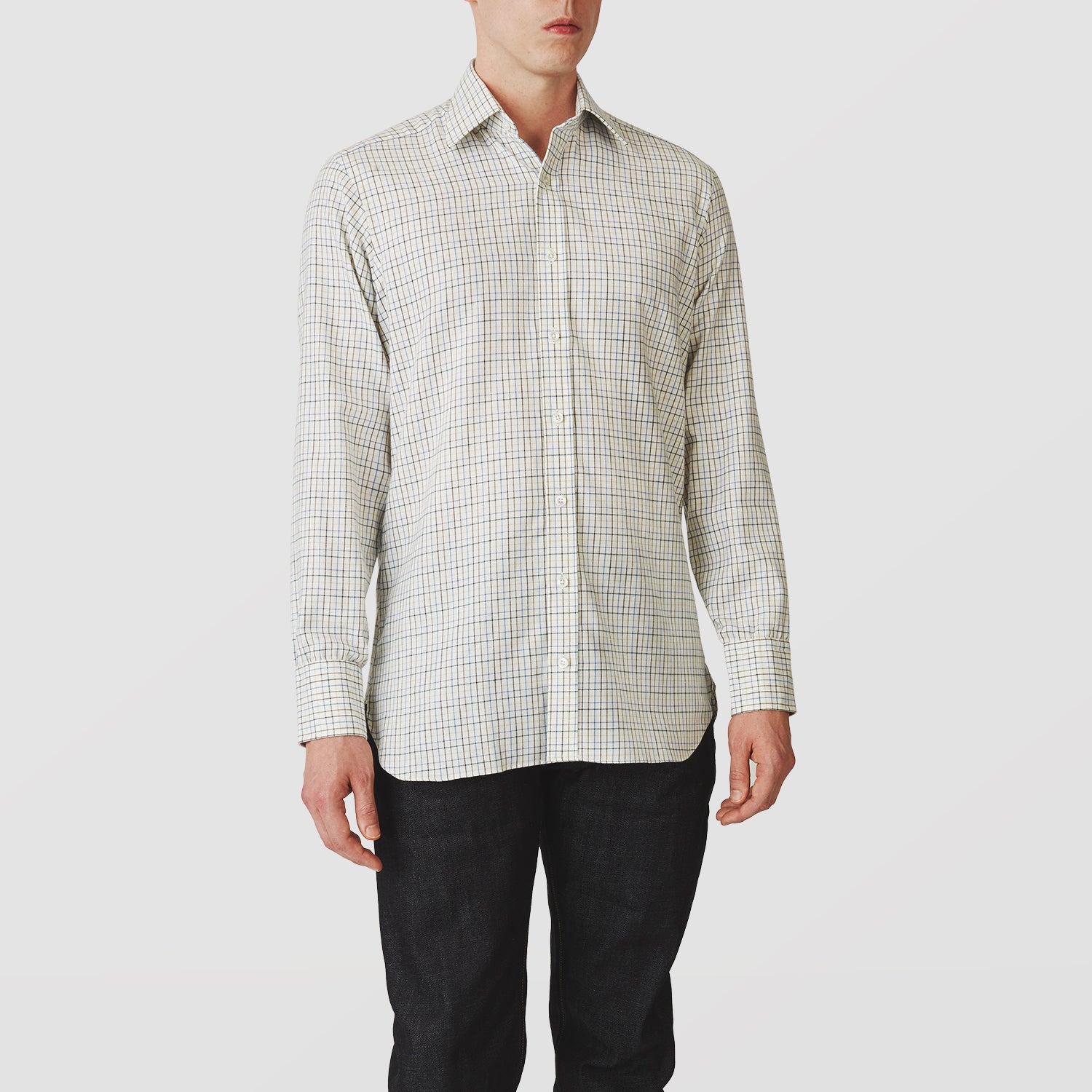 View 2 of product Green Multi Check Cotton-Cashmere Shirt with T&A Collar and 3-Button Cuffs