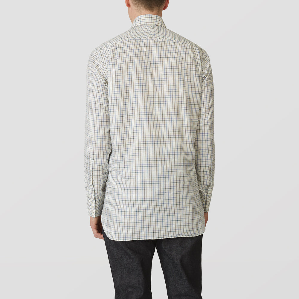 Green Multi Check Cotton-Cashmere Shirt with T&A Collar and 3-Button Cuffs