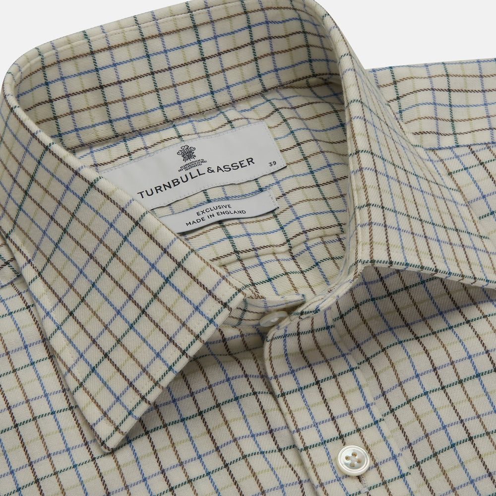 Green Multi Check Cotton-Cashmere Shirt with T&A Collar and 3-Button Cuffs