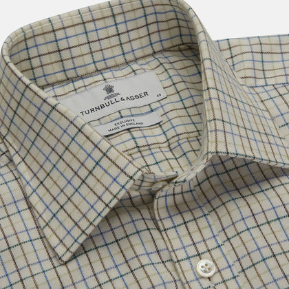Green Multi Check Cotton-Cashmere Shirt with T&A Collar and 3-Button Cuffs Image 3