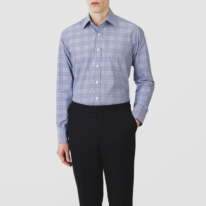 Navy Check Shirt with T&A Collar and 3-Button Cuffs Image 1
