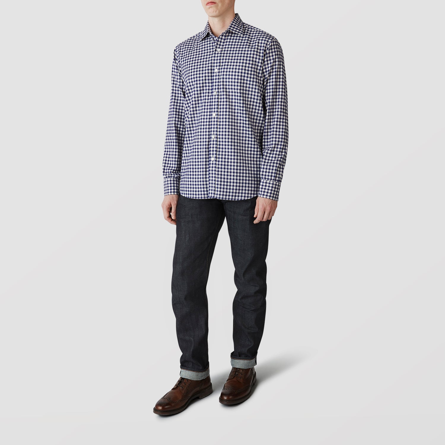 View 2 of product Blue Check Weekend Fit Shirt with Derby Collar and 1-Button Cuffs