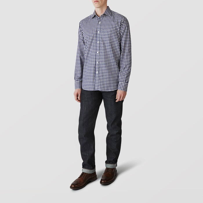 Blue Check Weekend Fit Shirt with Derby Collar and 1-Button Cuffs Image 1