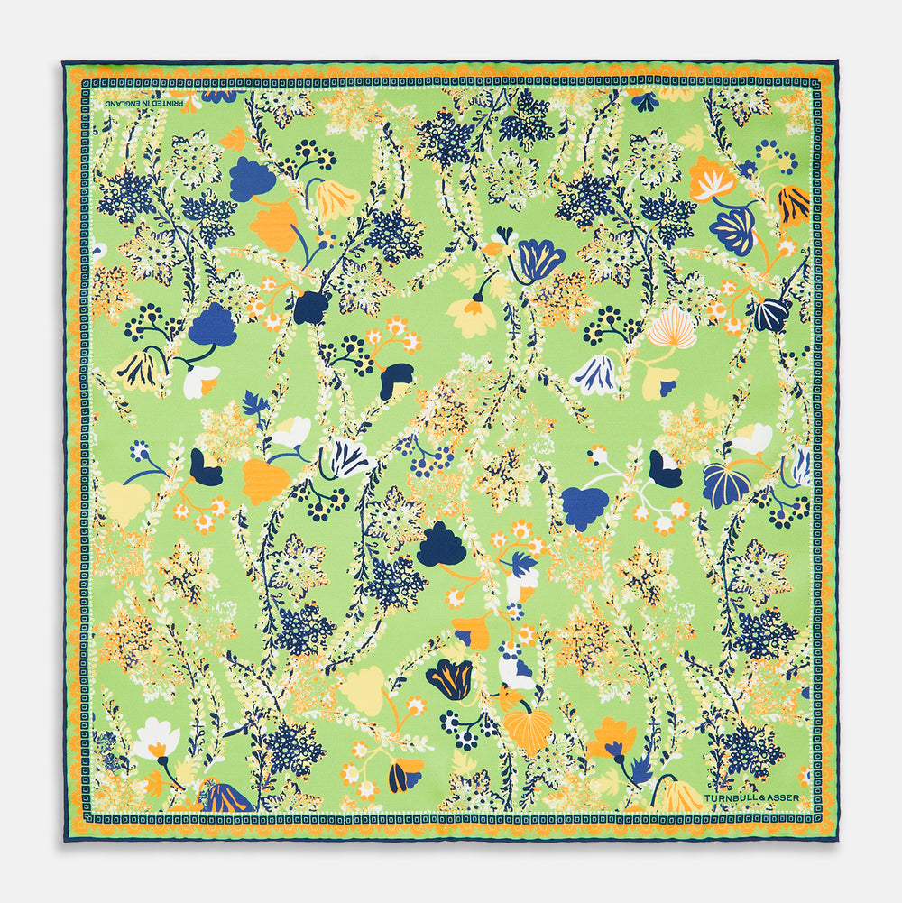 Green Fine Floral Print Silk Pocket Square