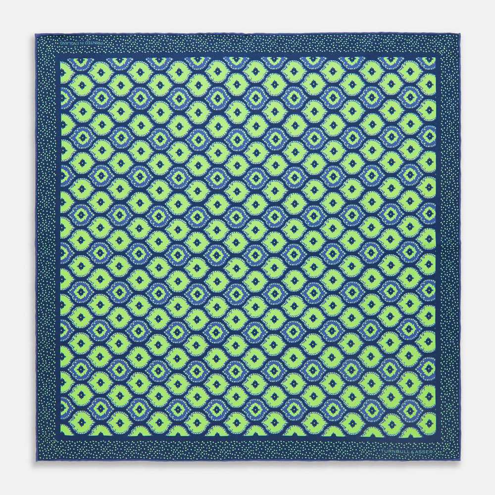 Navy & Green Medallion Print Silk Pocket Square
