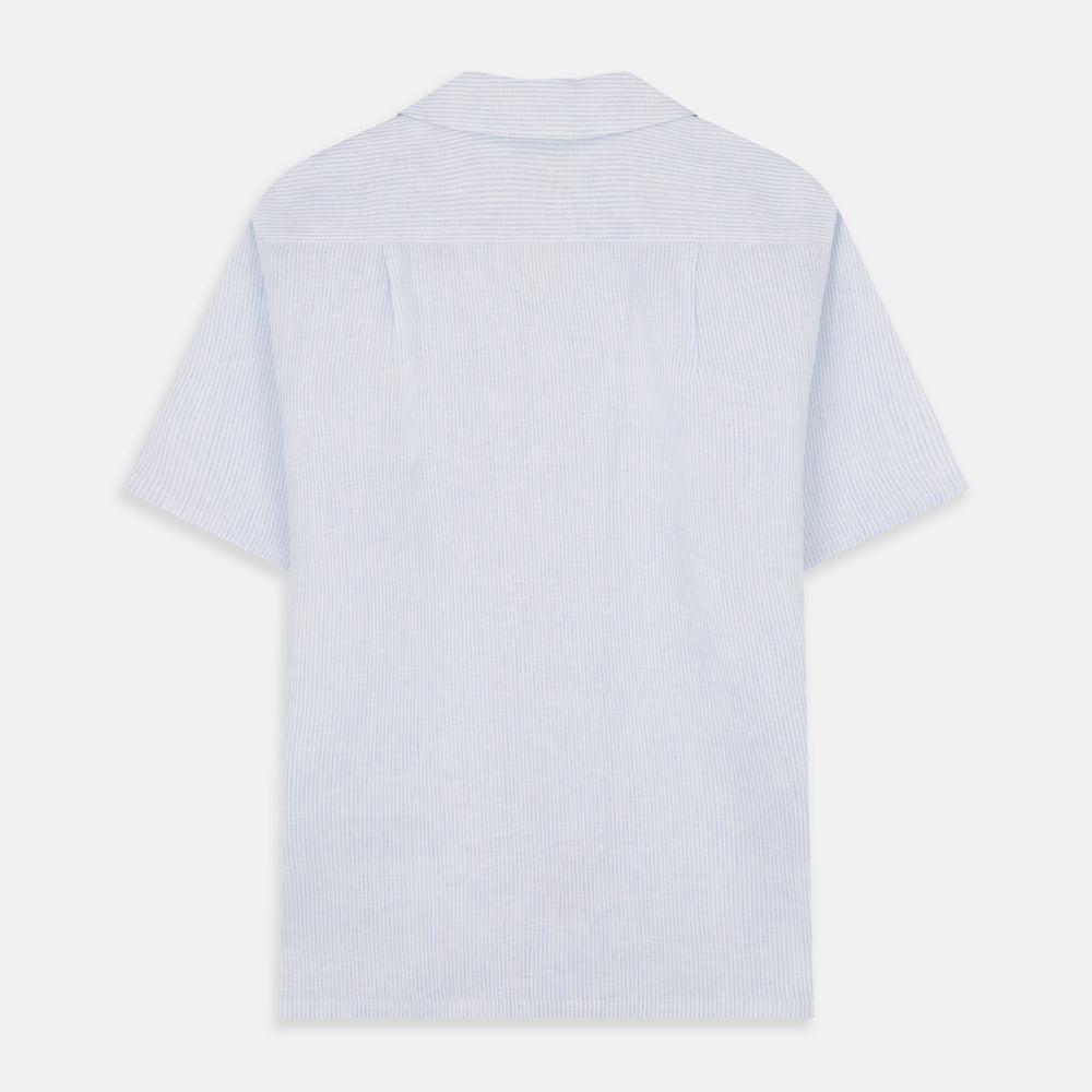 Blue Linen Stripe Holiday Fit Shirt with Revere Collar