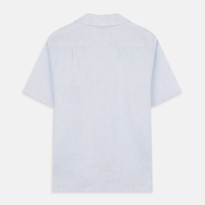 Blue Linen Stripe Holiday Fit Shirt with Revere Collar Image 2