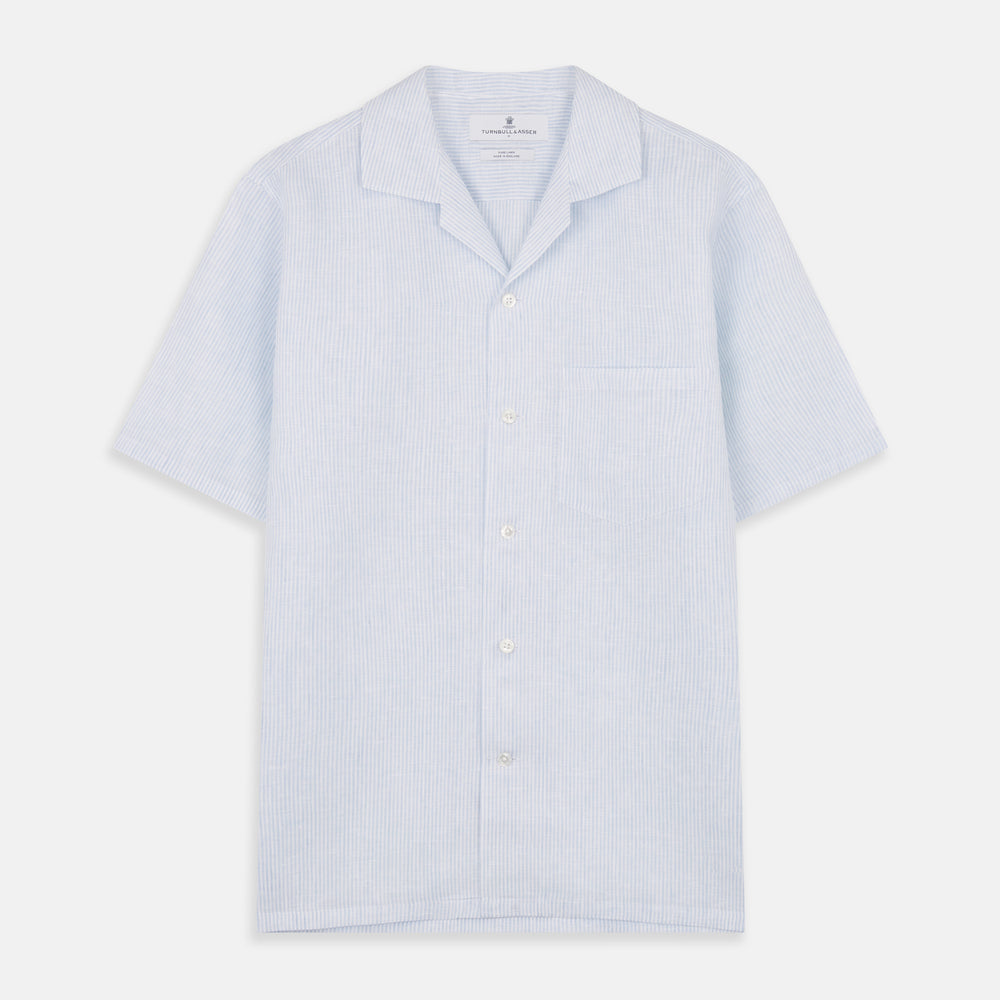 Blue Linen Stripe Holiday Fit Shirt with Revere Collar