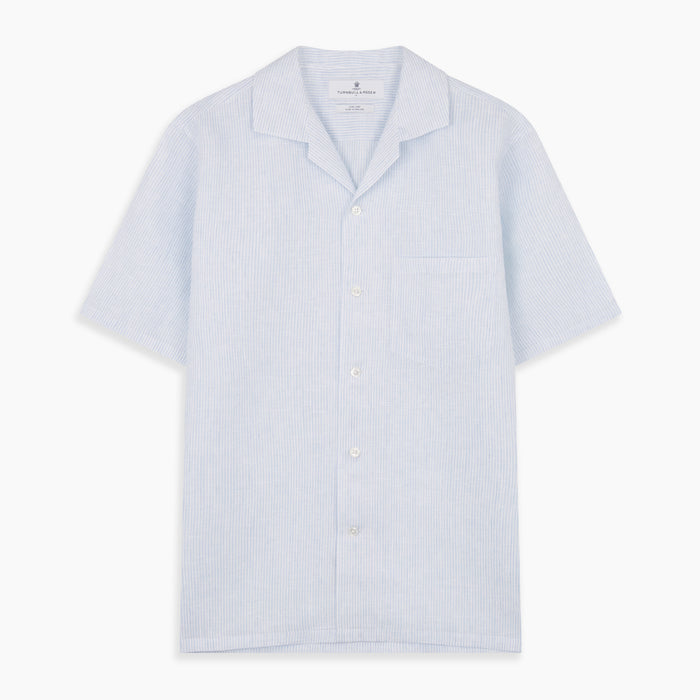 Blue Linen Stripe Holiday Fit Shirt with Revere Collar Image 4