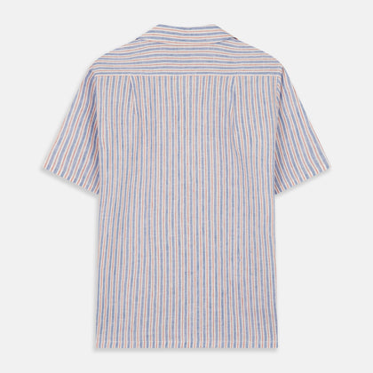 Blue and Red Linen Stripe Holiday Fit Shirt with Revere Collar Image 3