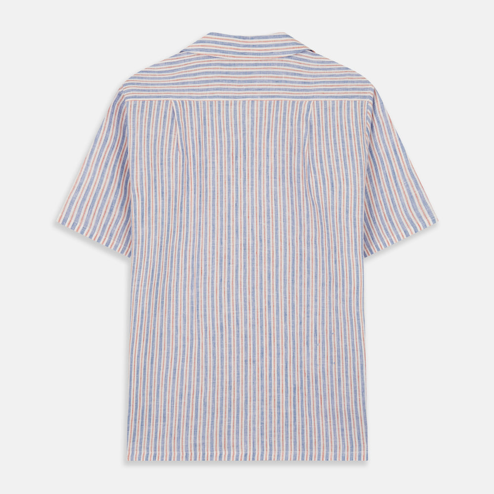 Blue and Red Linen Stripe Holiday Fit Shirt with Revere Collar