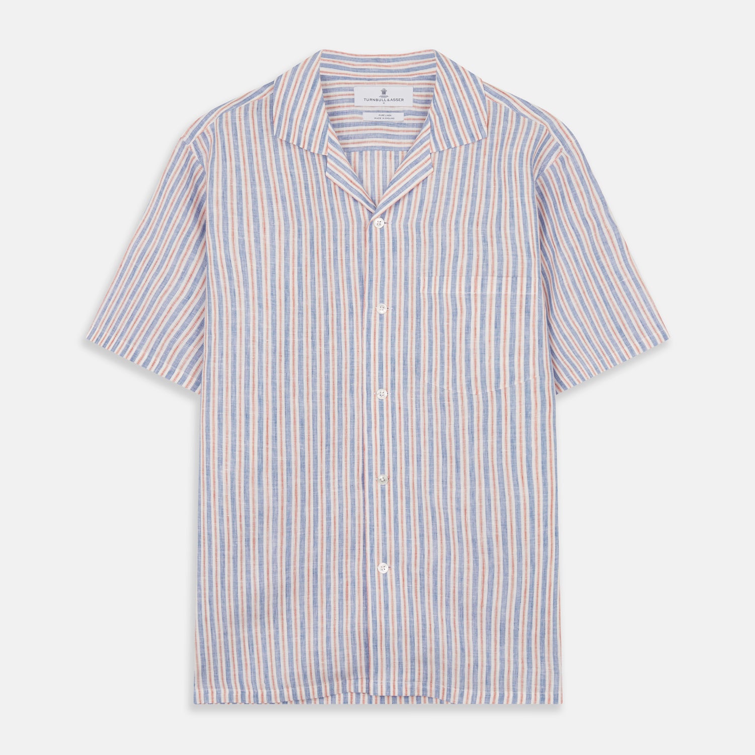 View 1 of product Blue and Red Linen Stripe Holiday Fit Shirt with Revere Collar