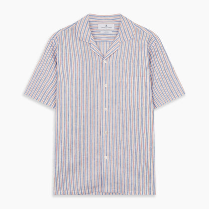 Blue and Red Linen Stripe Holiday Fit Shirt with Revere Collar Image 5