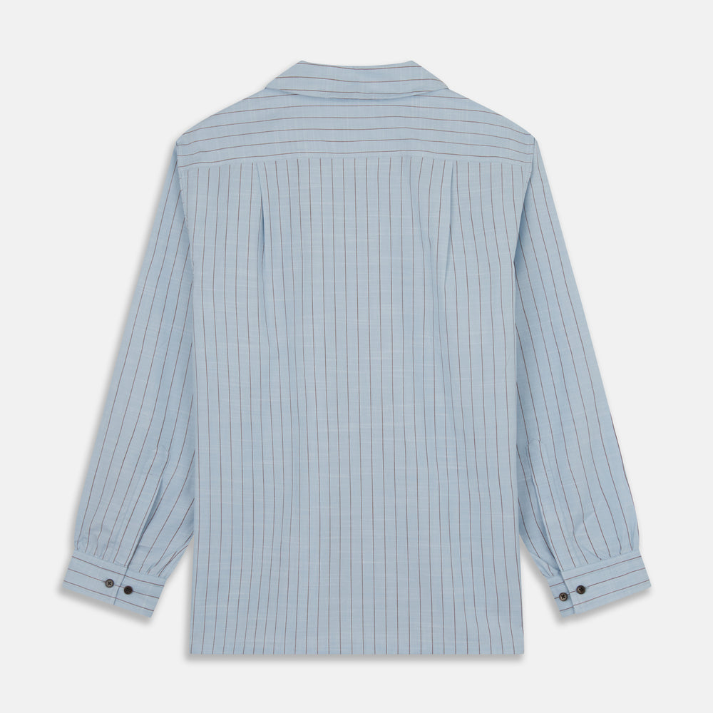 Pale Blue Stripe Cotton Holiday Fit Shirt with Revere Collar & Single Button Cuff