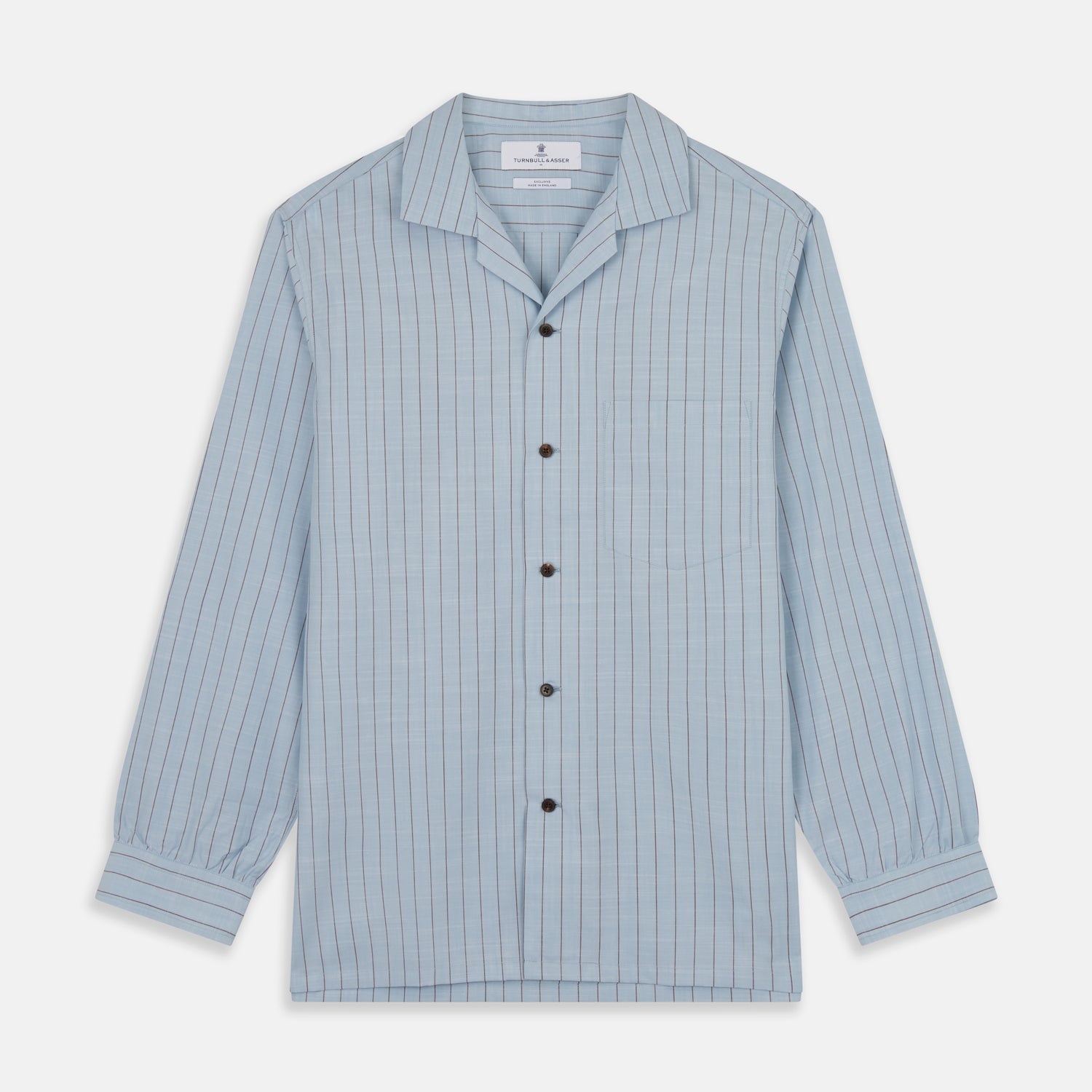 View 1 of product Pale Blue Stripe Cotton Holiday Fit Shirt with Revere Collar & Single Button Cuff
