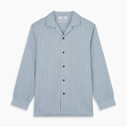 Pale Blue Stripe Cotton Holiday Fit Shirt with Revere Collar & Single Button Cuff Image 5
