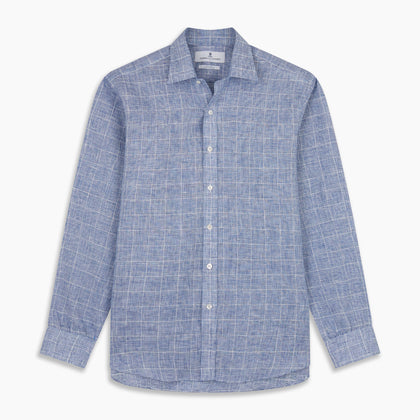 Indigo Linen Glen Check Weekend Fit Shirt with Derby Collar Image 6