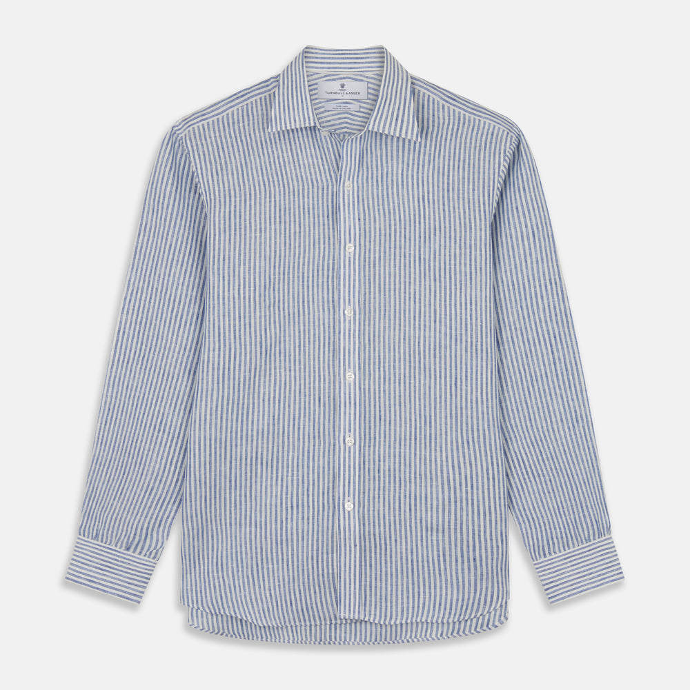 Sky Blue Linen Stripe Weekend Fit Shirt with Derby Collar