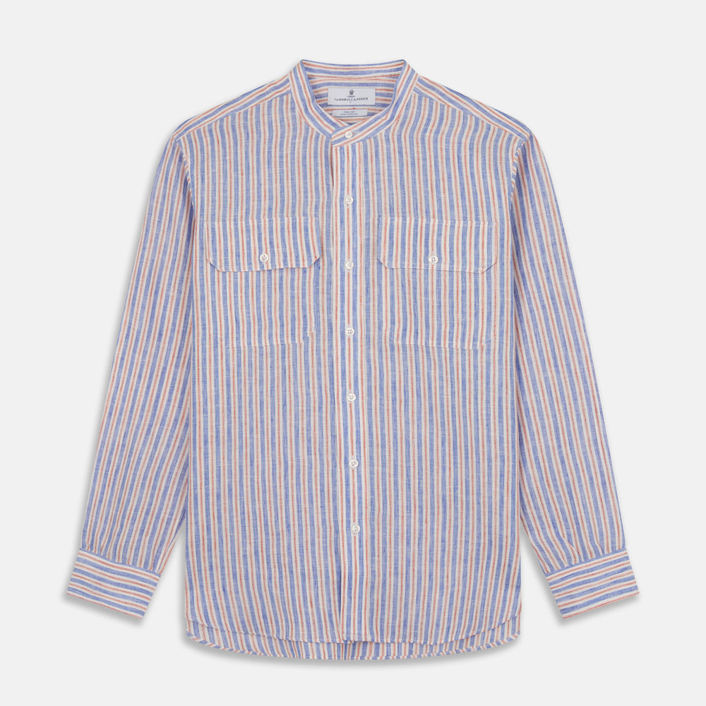 Blue & Red Linen Stripe Weekend Fit Shirt with Stand Collar