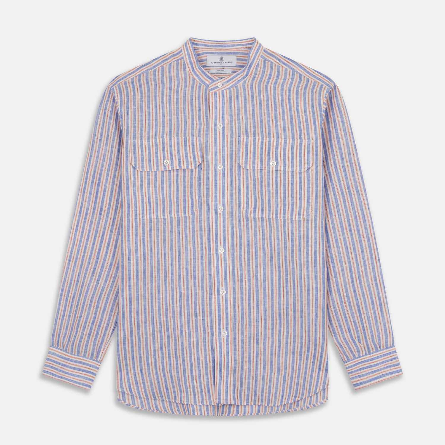 View 1 of product Blue & Red Linen Stripe Weekend Fit Shirt with Stand Collar