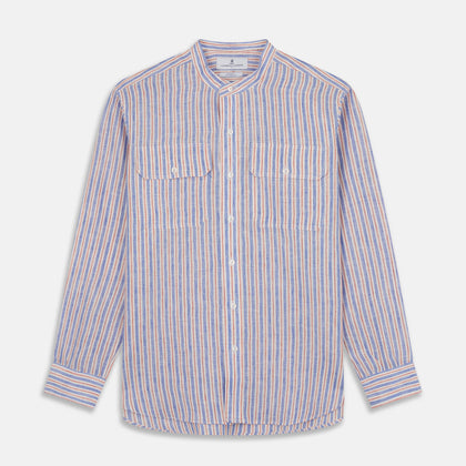 Blue & Red Linen Stripe Weekend Fit Shirt with Stand Collar
