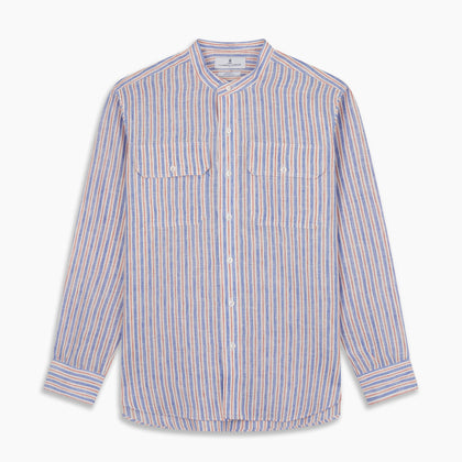 Blue & Red Linen Stripe Weekend Fit Shirt with Stand Collar Image 5