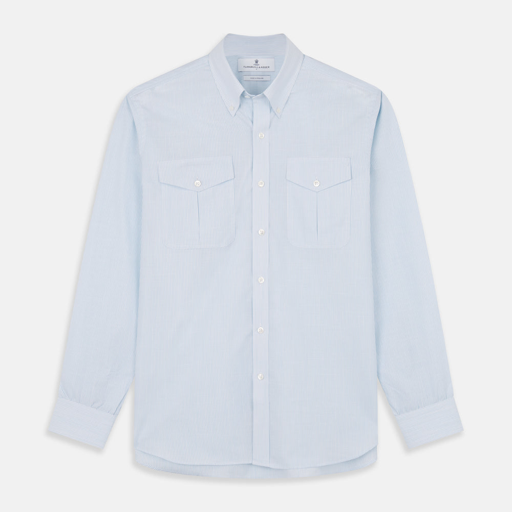 Sky Blue Chambray Stripe Weekend Fit Shirt With Dorset Collar