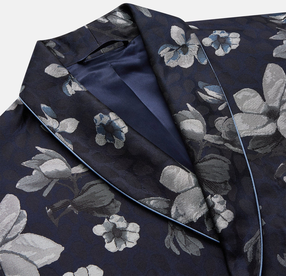 Navy Floral Silk Jacquard Pierce Gown