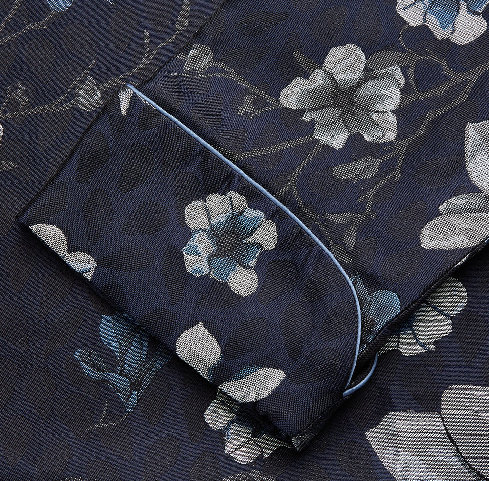 Navy Floral Silk Jacquard Pierce Gown