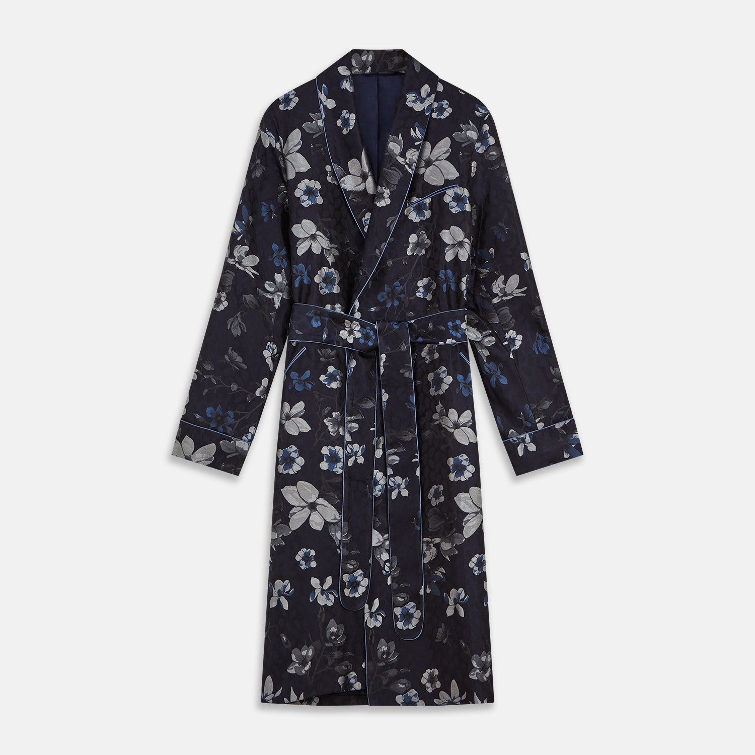 View 1 of product Navy Floral Silk Jacquard Pierce Gown