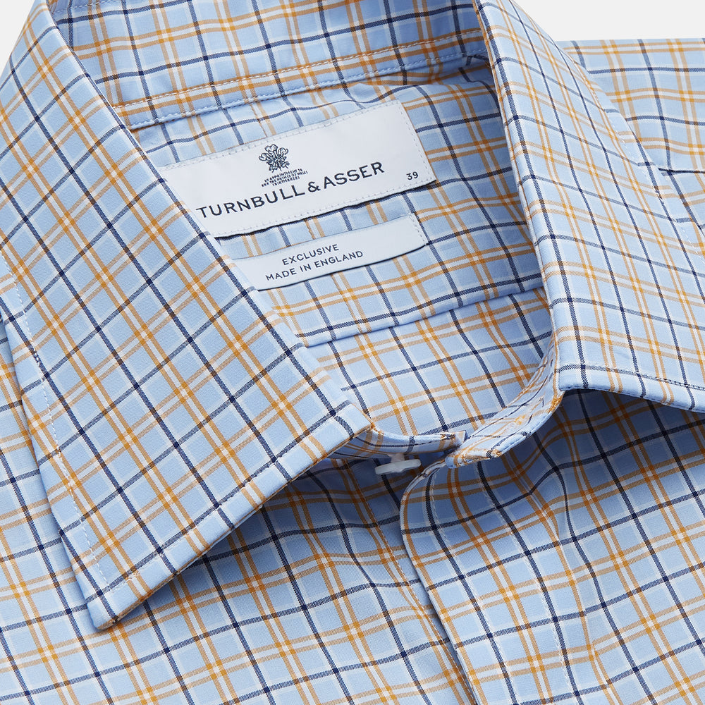 Blue, Orange & Navy Check Regular Fit Shirt with T&A Collar and 3 Button Cuffs