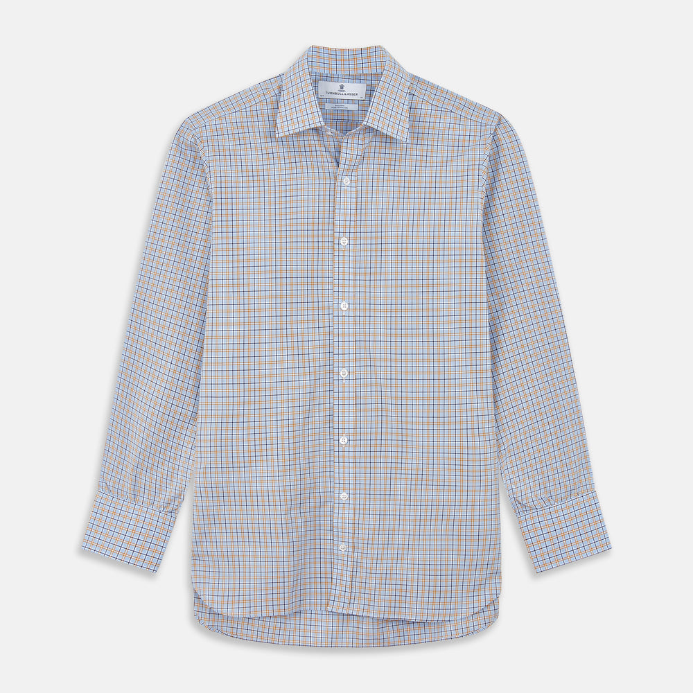 Blue, Orange & Navy Check Regular Fit Shirt with T&A Collar and 3 Button Cuffs