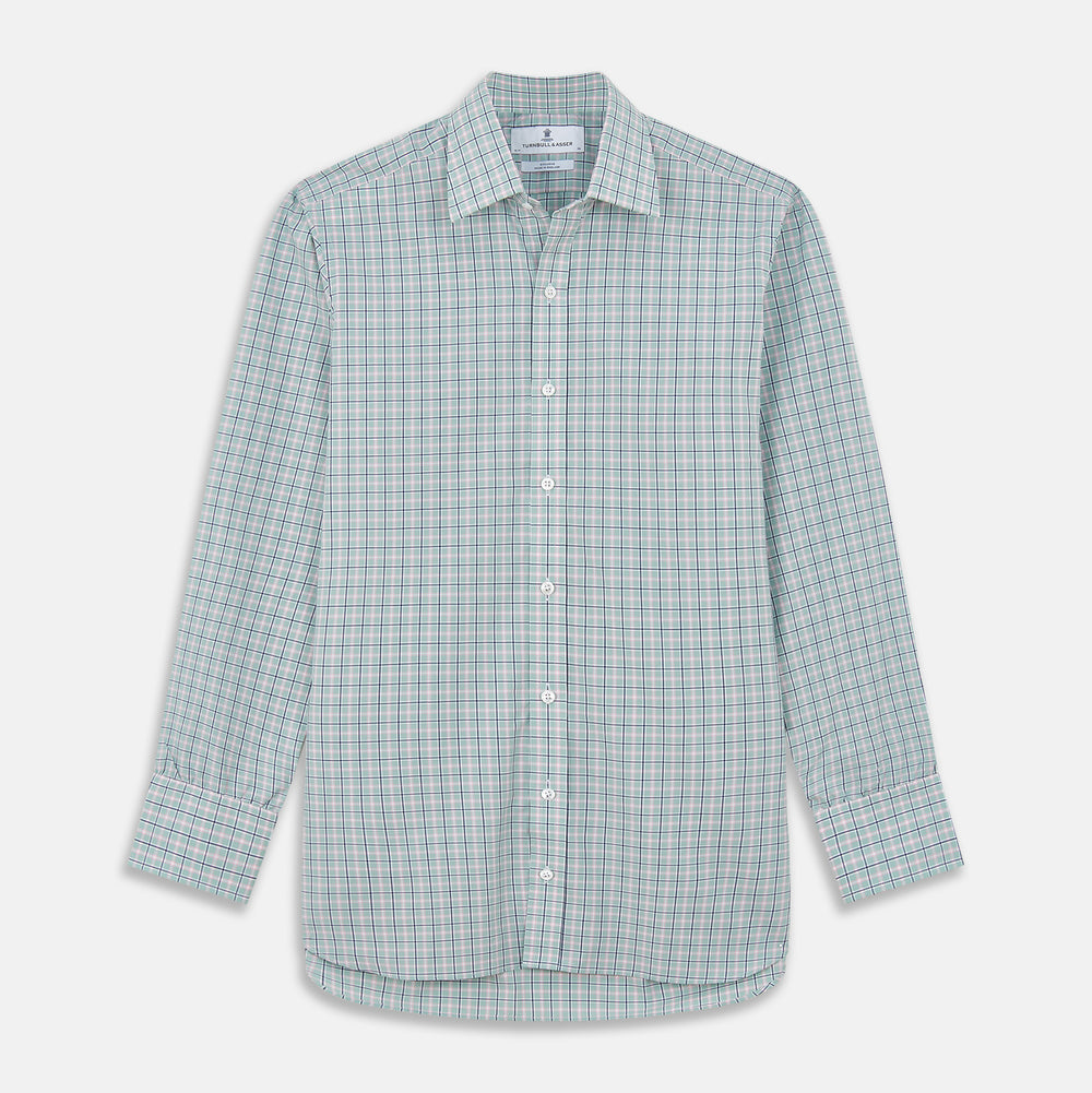 Green, Navy & Pink Check Regular Fit Shirt with T&A Collar and 3 Button Cuffs