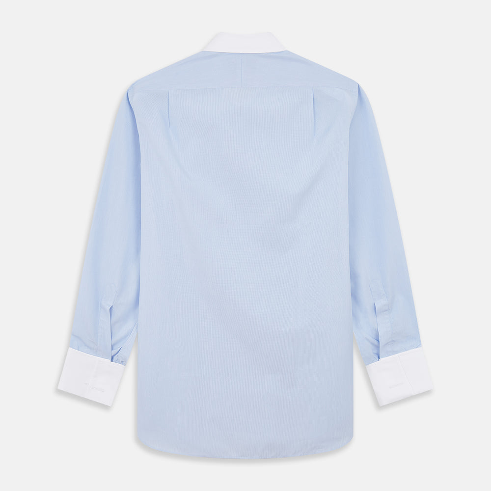 Mid Blue Micro-Check Regular Fit Shirt with White T&A Collar and Double Cuffs