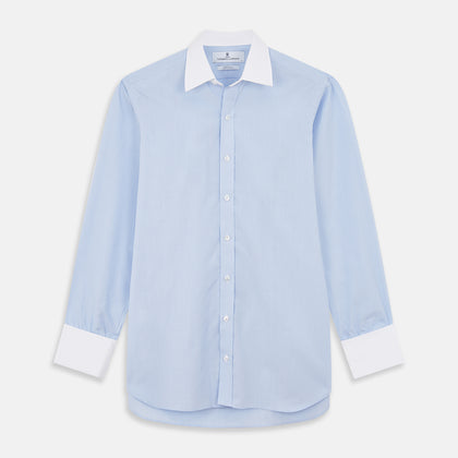 Mid Blue Micro-Check Regular Fit Shirt with White T&A Collar and Double Cuffs