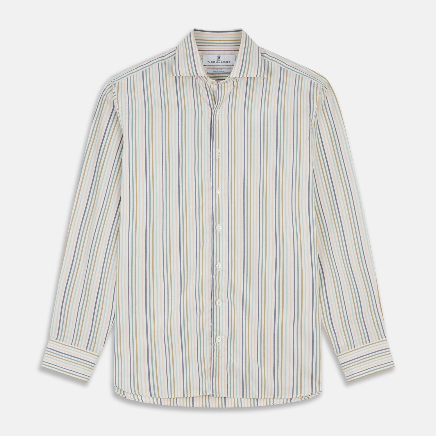 View 1 of product Green Multi Stripe Tailored Fit Shirt with Kent Collar and 2 Button Cuffs