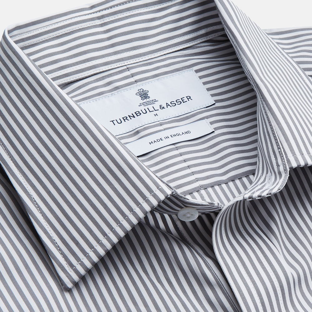 Grey & White Stripe Weekend Fit Shirt with Derby Collar and 1 Button Cuffs