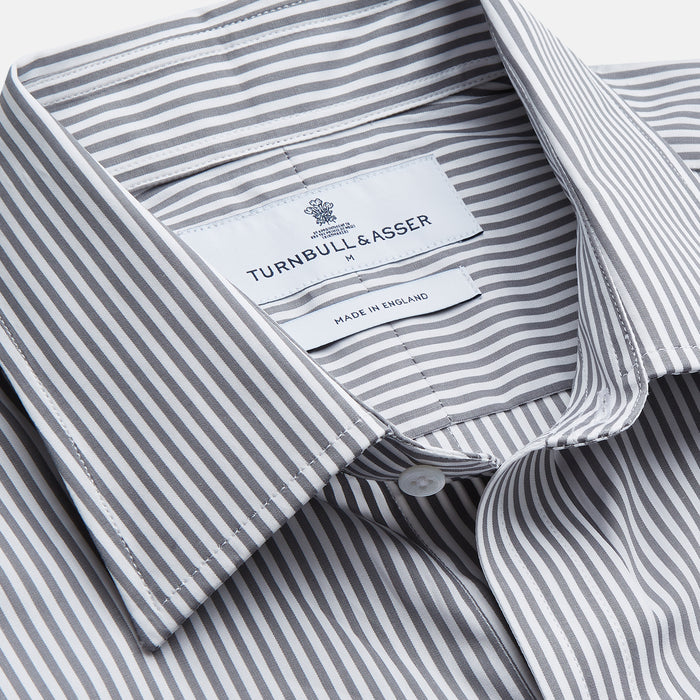 Grey & White Stripe Weekend Fit Shirt with Derby Collar and 1 Button Cuffs Image 1