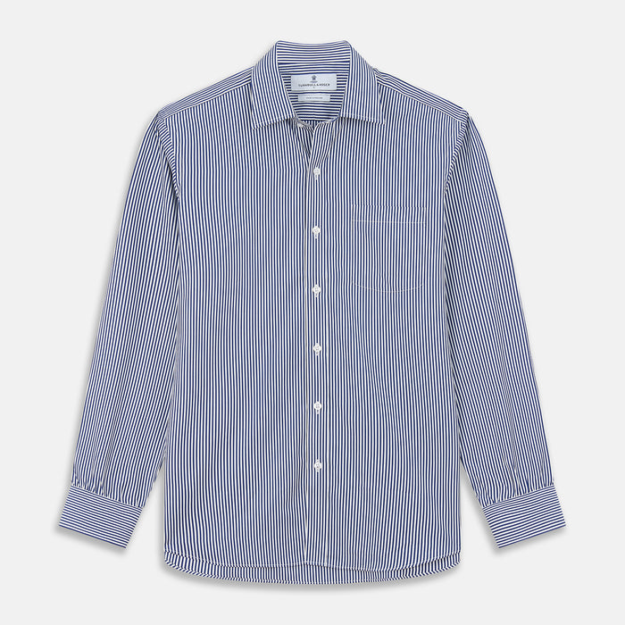 Navy & White Stripe Weekend Fit Shirt with Derby Collar and 1 Button Cuffs