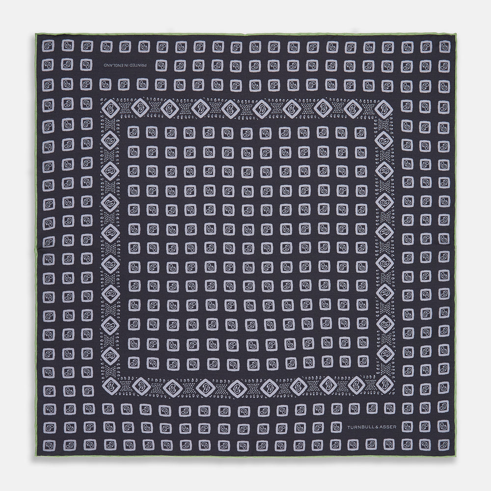 Navy Cubed Paisley Silk Pocket Square