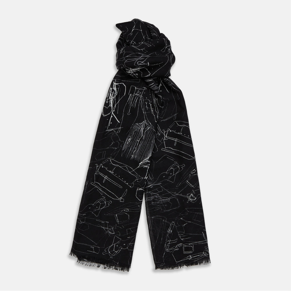 Black Sketched Pattern Wool Chilcott Scarf