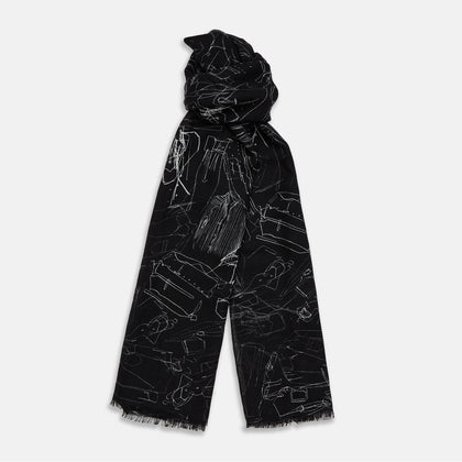 Black Sketched Pattern Wool Chilcott Scarf
