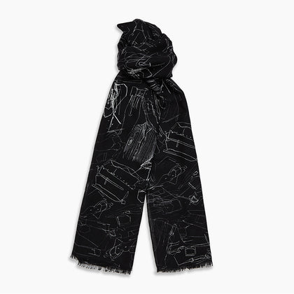 Black Sketched Pattern Wool Chilcott Scarf Image 5