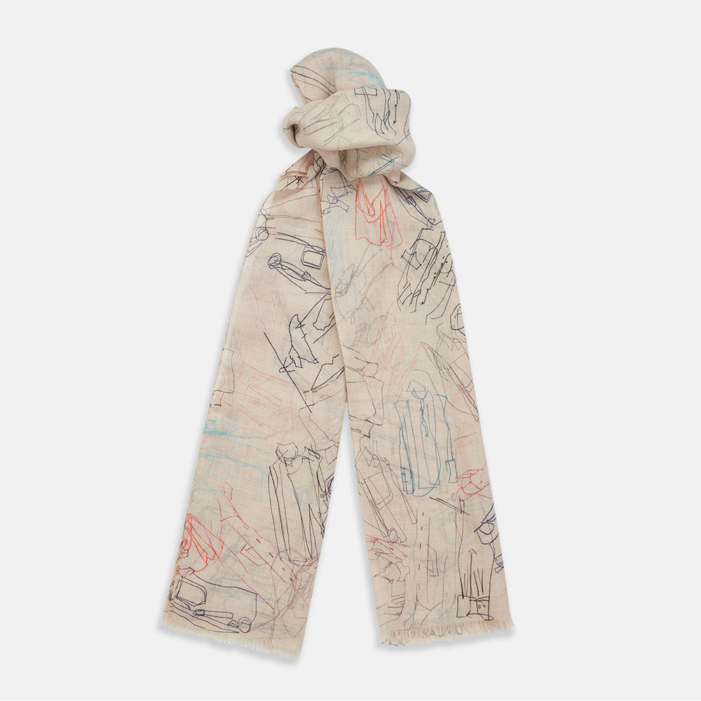 Cream Sketched Pattern Wool Chilcott Scarf