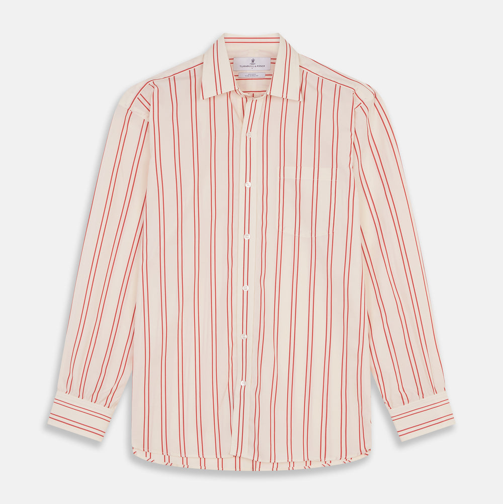 Red and Off-White Stripe Cotton Weekend Fit Finch Shirt