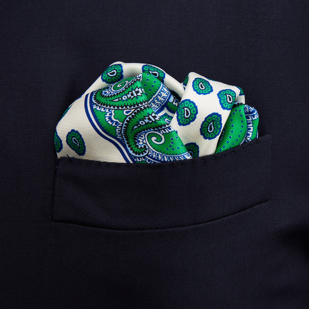 Green and White Paisley Tiles Silk Pocket Square